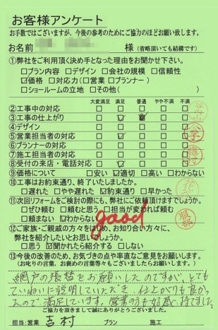 奈良県橿原市N様邸工事後アンケート