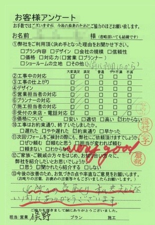 京都市伏見区M様邸工事後アンケート