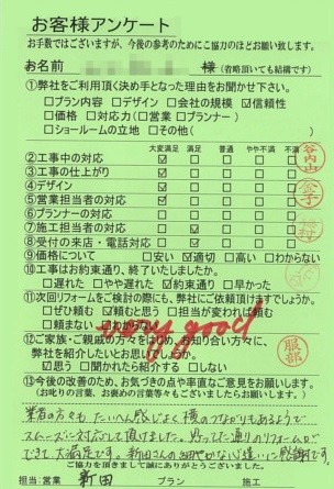 京都府宇治市Y様邸工事後アンケート